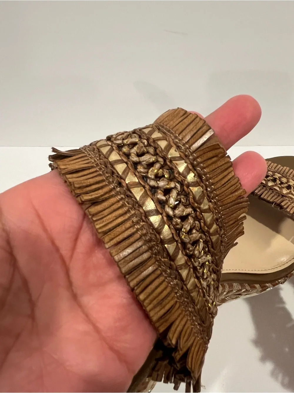 Woven Fringe Wedge Sandals in Brown